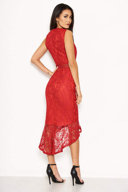 Red Fishtail Hem Lace Midi Dress