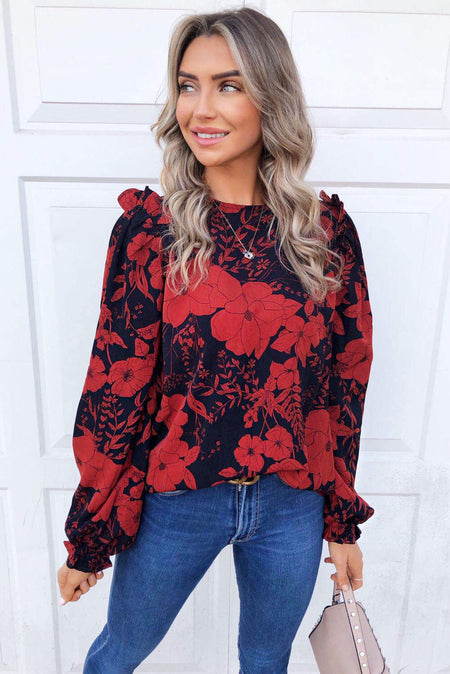 Red Floral Frill Shoulder Blouse
