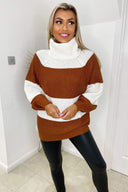 Rust And Cream Block Colour Knitted Jumper