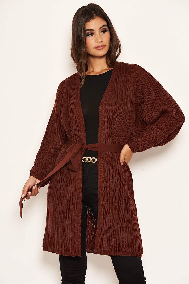 Rust Belted Batwing Knit Cardigan