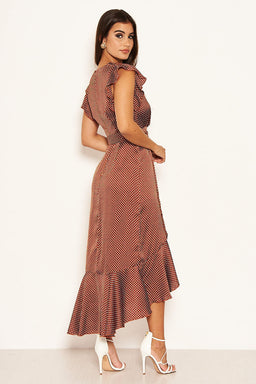Rust Polka Dot D-Ring Wrap Midi Dress