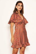 Rust Polka Dot Gathered Tie Front Dress