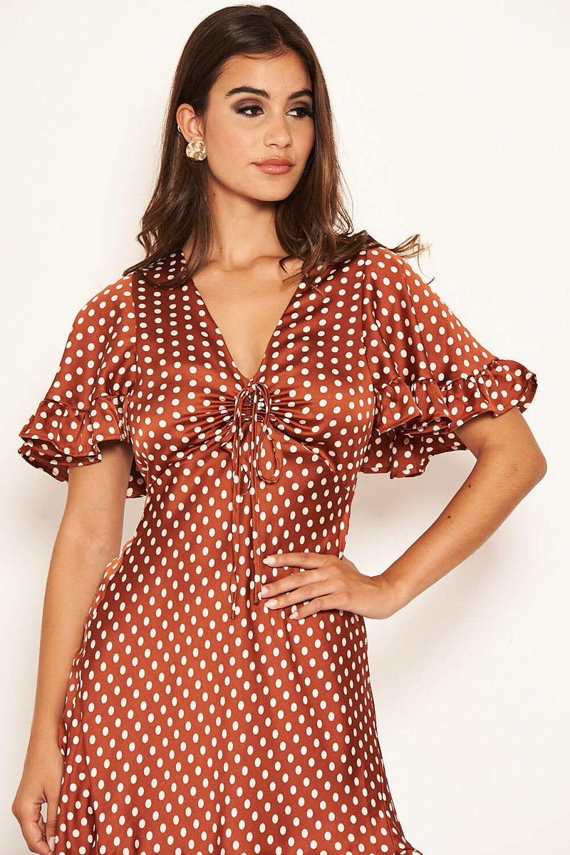 Rust Polka Dot Gathered Tie Front Dress