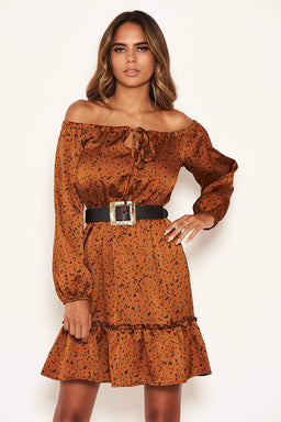 Rust Printed Off Shoulder Dress