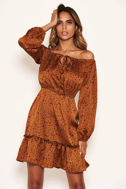 Rust Printed Off Shoulder Dress