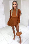 Rust Ruched Sleeve Skater Dress