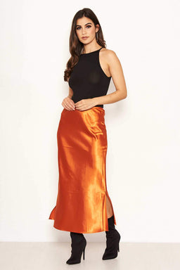 Rust Satin Midi Skirt