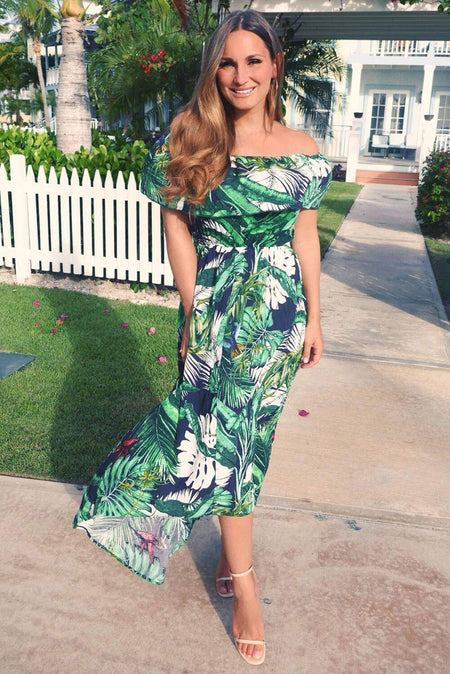 Navy Leaf Printed Bardot Frill Dress