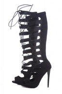 Suede Knee High Lace Up Gladiator Heels
