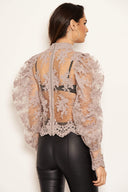 Silver Embroidered Puff Sleeve Tie Neck Top