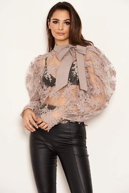 Silver Embroidered Puff Sleeve Tie Neck Top