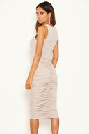 Silver Cowl Neck Ruched Side Midi Dress