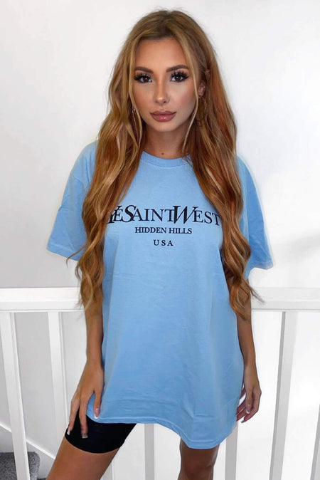 Sky Blue Slogan Printed Oversized Tee