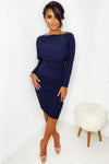 Navy Off Shoulder Ruched Dress