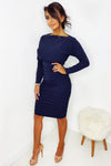 Navy Off Shoulder Ruched Dress