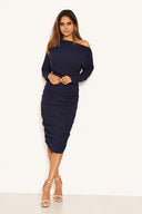 Navy Off Shoulder Ruched Dress