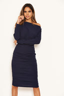 Navy Off Shoulder Ruched Dress