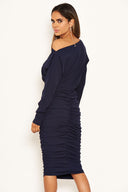 Navy Off Shoulder Ruched Dress