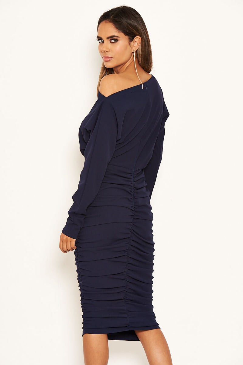 Navy Off Shoulder Ruched Dress