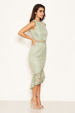 Sage Fishtail Hem Lace Midi Dress