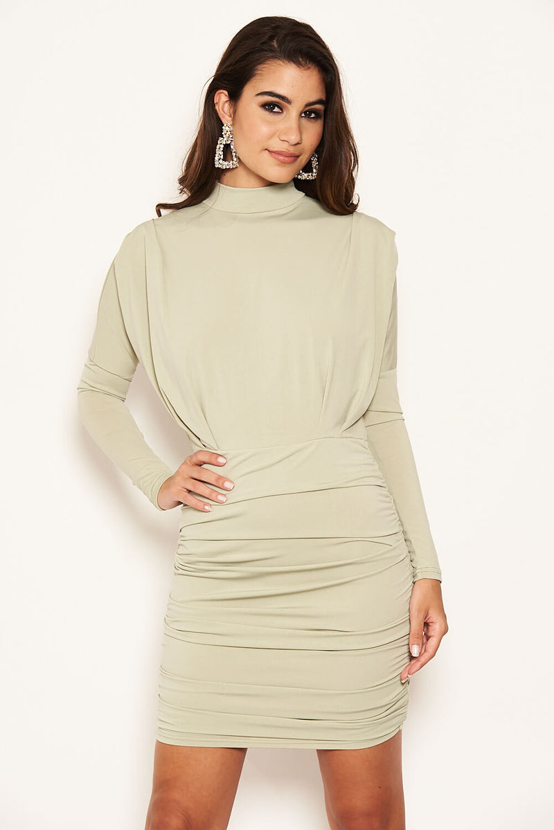 Sage Long Sleeve Back Ruched Bodycon Dress