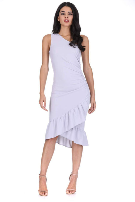 Silver Asymmetric Side Ruched Dress