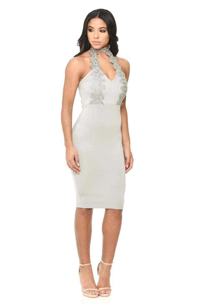 Silver Halterneck Choker Dress With Lace Detail