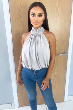 Silver High Neck Gathered Bodysuit