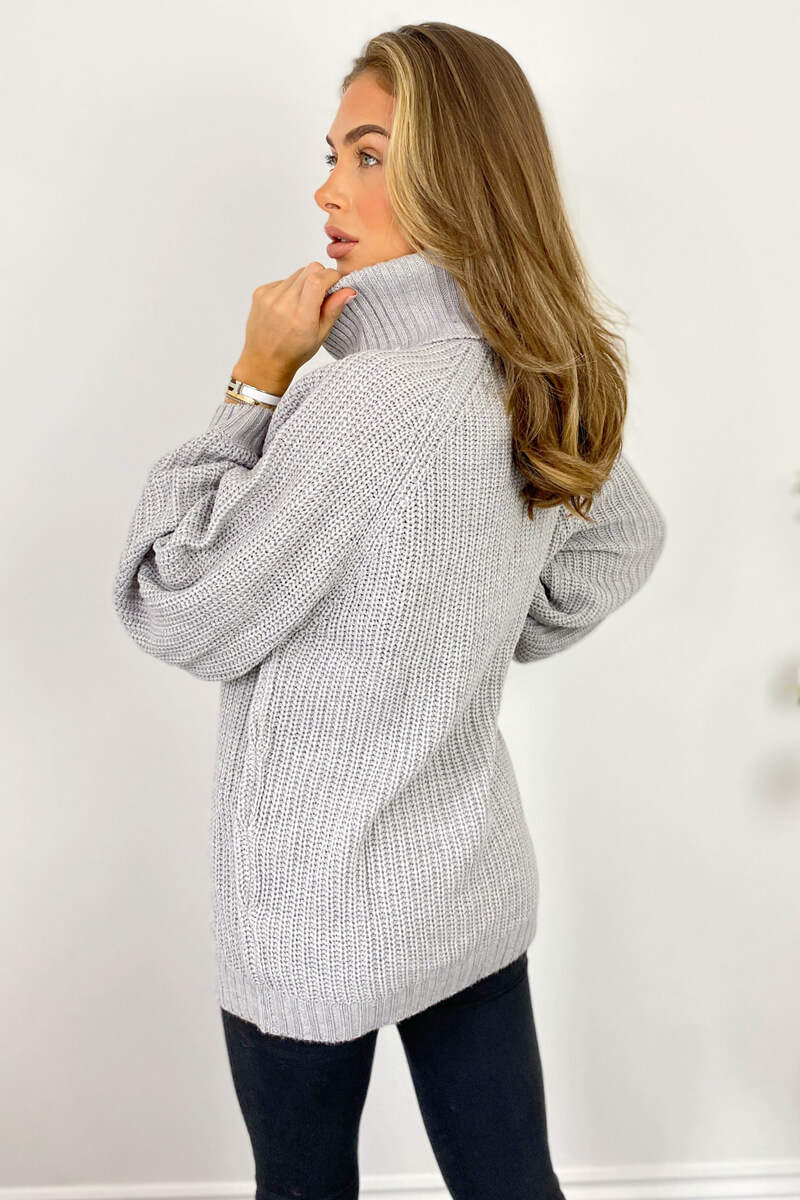 Silver Roll Over Balloon Sleeve Knitted Jumper