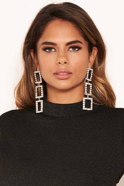 Silver Square Diamante Long Earrings