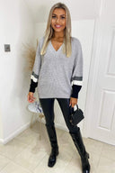 Silver Striped Sleeve Knitted Jumper