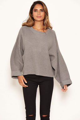 Silver Wide Sleeve Cropped Knit Jumper