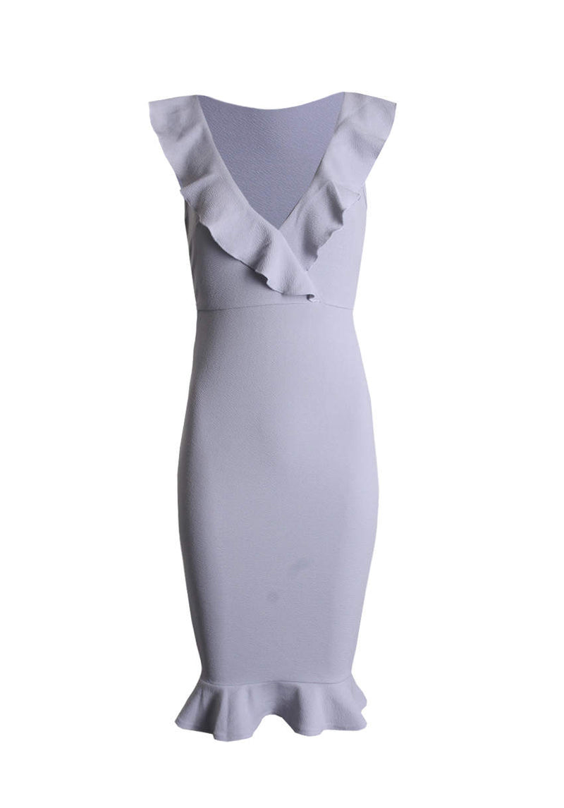 Silver V Neck Frill Detail Bodycon Dress