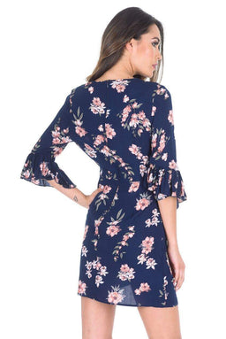 Navy Floral Skater Dress With V-Front Frill