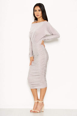 Slash Neck Glitter Ruched Dress