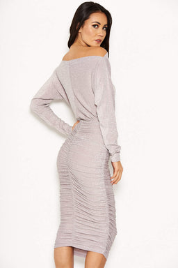 Slash Neck Glitter Ruched Dress