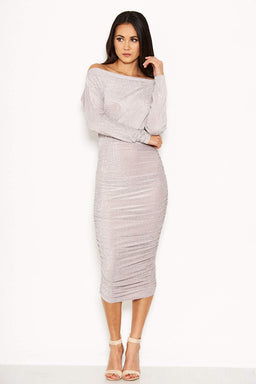 Slash Neck Glitter Ruched Dress