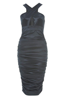 Slinky Navy Ruched Dress With A Cross Over Cut Out Front