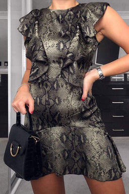 Snake Print Frill Detail Dress