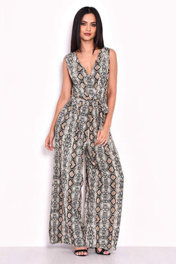 Snake Print Pleated Tie-Waist Jumpsuit