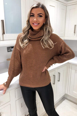 Stone Polo Neck Button Cuff Jumper