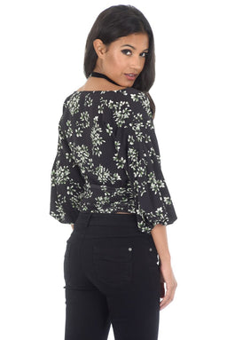 Black Floral Tie Bell Sleeved Top