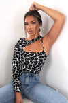 Black Printed One Shoulder Cut Out Bodysuit