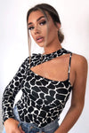 Black Printed One Shoulder Cut Out Bodysuit