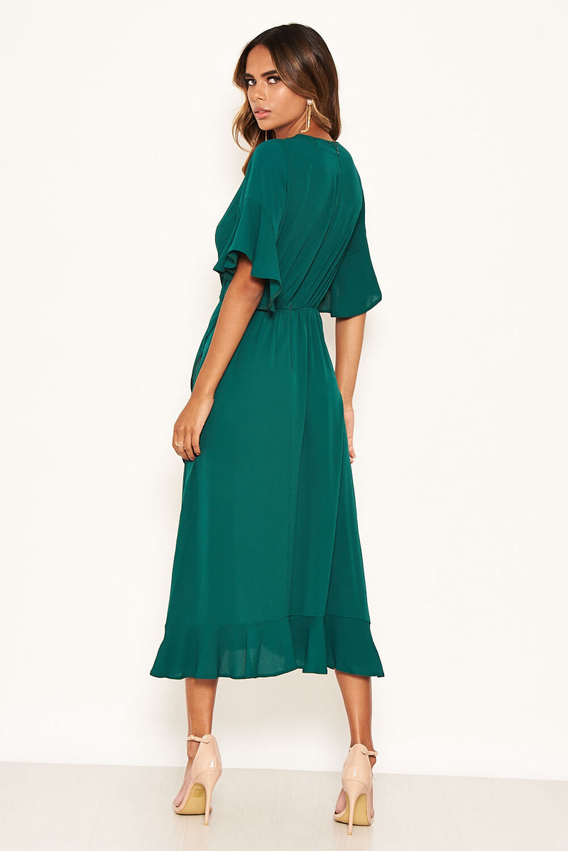 Teal Midi Dress With Frill Hem And Sleeves