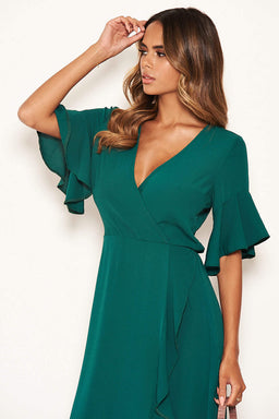 Teal Midi Dress With Frill Hem And Sleeves