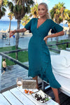 Teal Midi Dress With Frill Hem And Sleeves