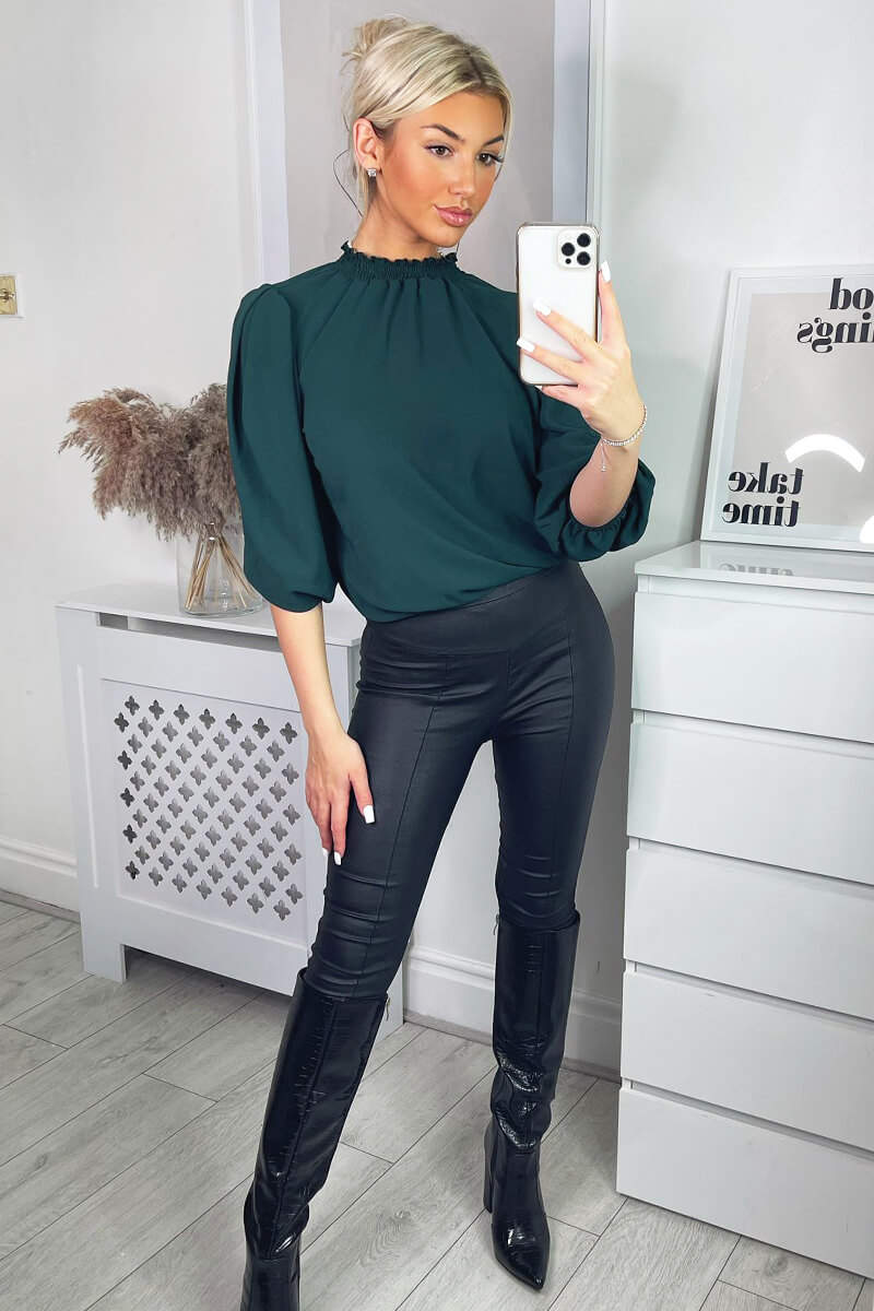 Teal Elasticated Neck Puff Sleeve Blouse