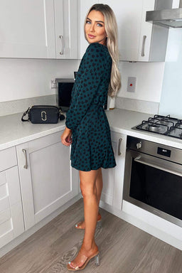 Teal Heart Print Pleat Long Sleeve Dress