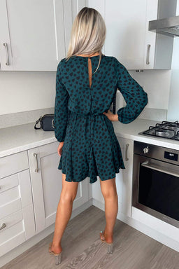 Teal Heart Print Pleat Long Sleeve Dress